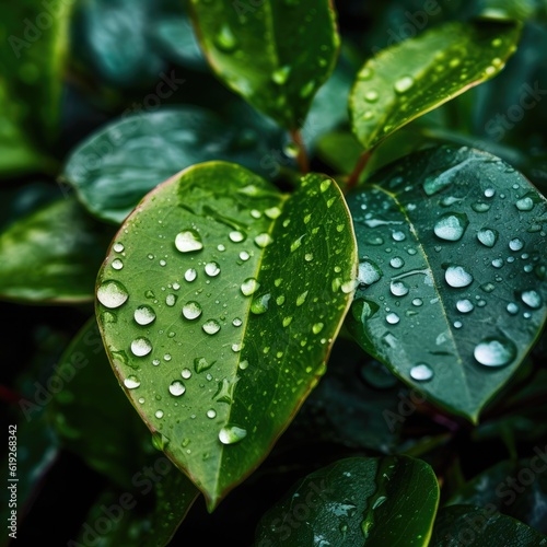 A closeup of raindrops falling on leaves illustrating the cleansing and refreshing qualities of nature generative AI