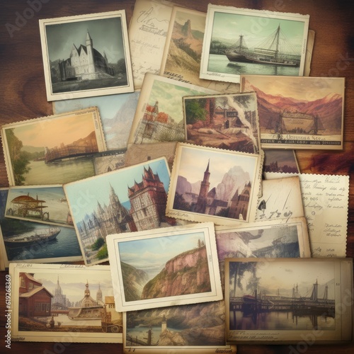 A collage of vintage postcards conveying a sense of travel and adventure  photo