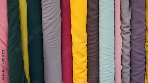 various types of rolled colorful fabrics with plain colors neatly arranged for the background 