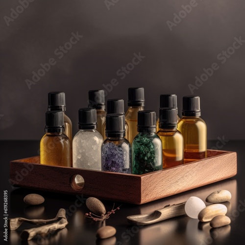 A collection of aromatic essential oils and a diffuser promoting relaxation and aromatherapy 