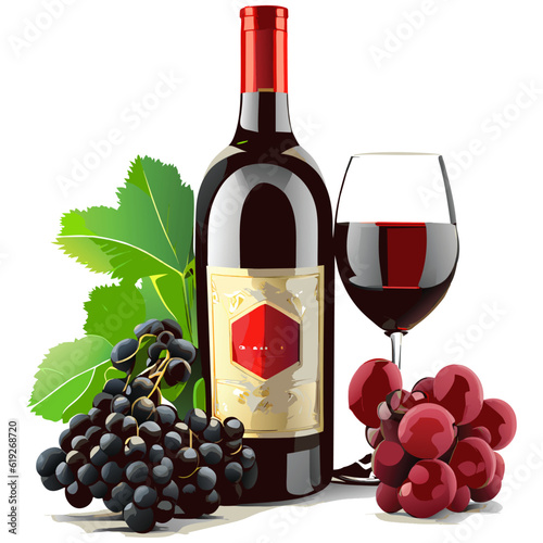 A bottle of wine and a wineglass with grapes
