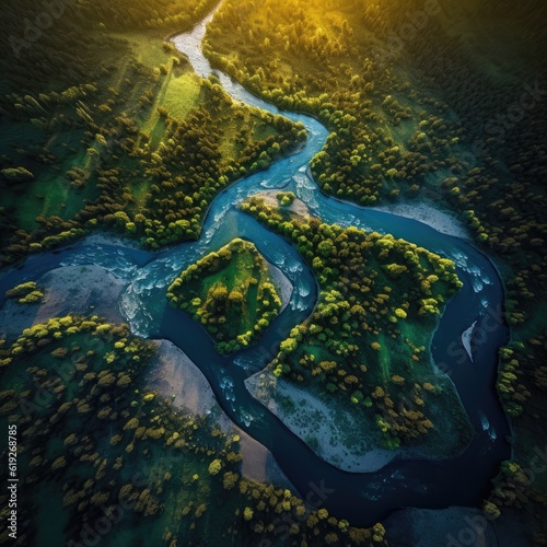 Aerial view of a meandering river in a lush valley 