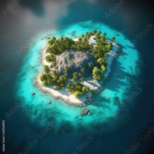 Aerial view of a tropical island paradise with turquoise waters 