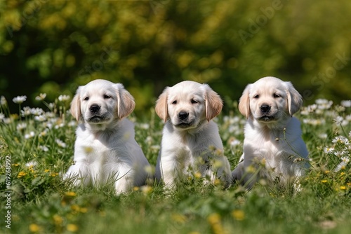 Illustration of three adorable puppies playing in a colorful field of flowers