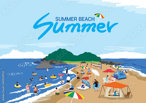 People enjoying swimming on the beach in summer