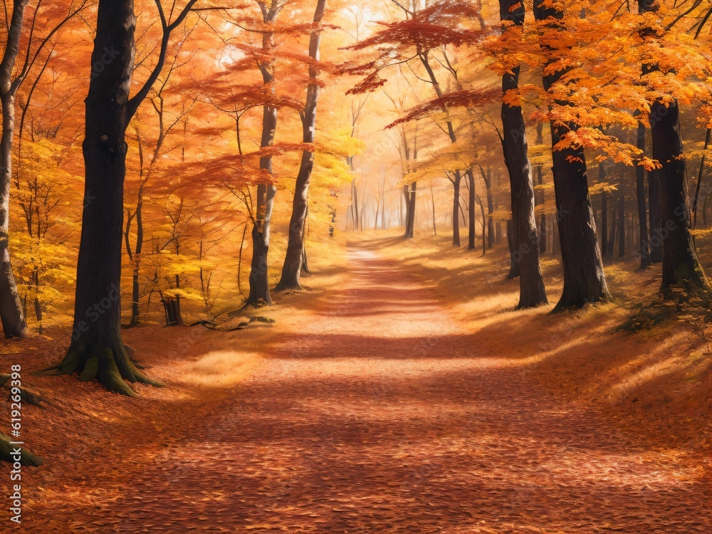 Autumn Scene with a path in forest with trees in sunlight generative ai