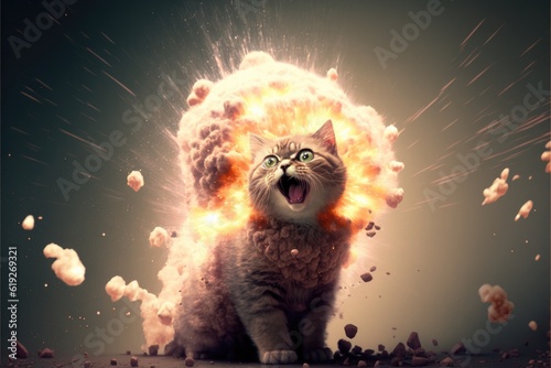 Explosion behind kitten with fire cloud