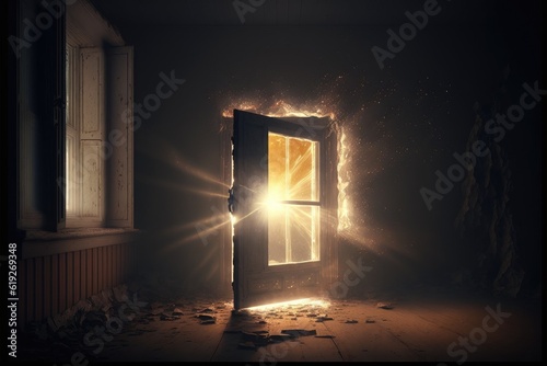 Door in abandoned house opening with light