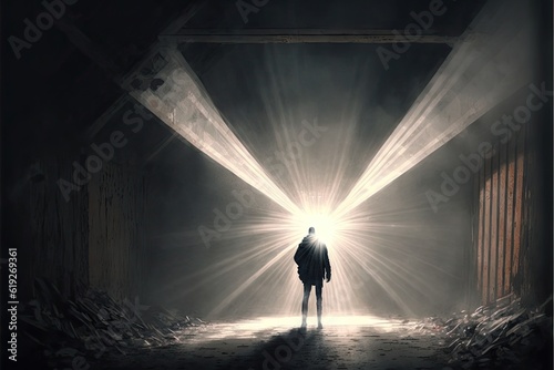 Light shining in darkness with person silhouette in mining tunnel
