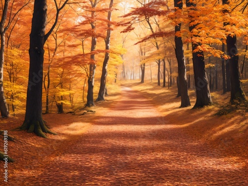 Autumn Scene with a path in forest with trees in sunlight generative ai
