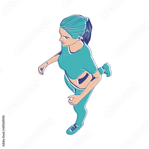 Running woman. Sport girl illustration. Casual sportwear - t-shirt, breeches and sneakers. Young woman wearing workout clothes. Sport fashion girl outline in urban casual style. Top view