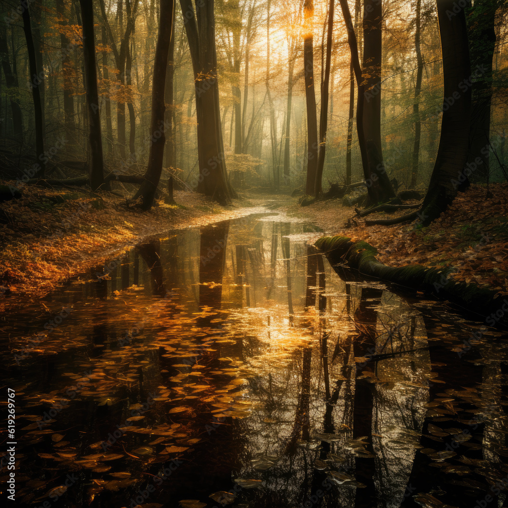Fototapeta premium A peaceful and secluded forest with tall trees and a soft carpet of fallen leaves providing a serene space for solitude reflection with nature generative AI