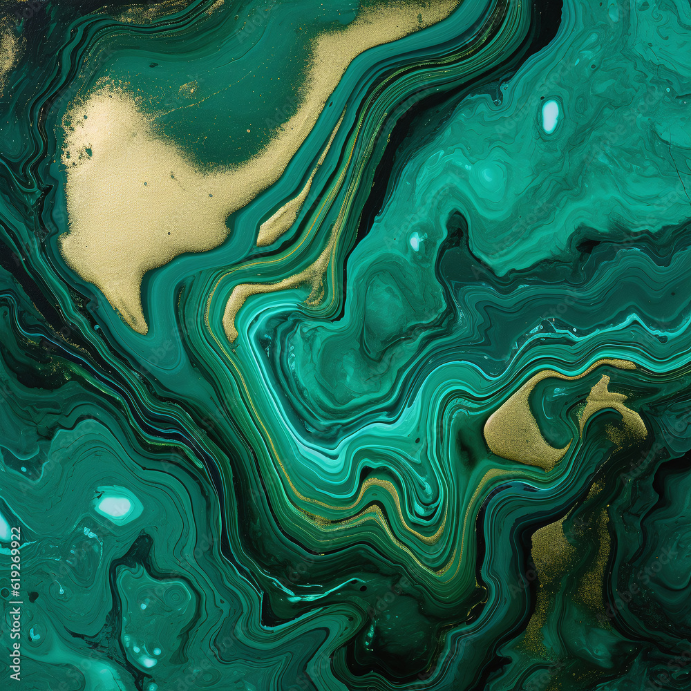 an emerald green and gold tile of natural stone with swirls of gold. Generative AI