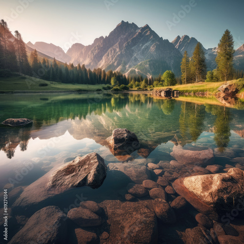 A peaceful and serene mountain landscape with a crystalclear lake reflecting the surrounding peaks 