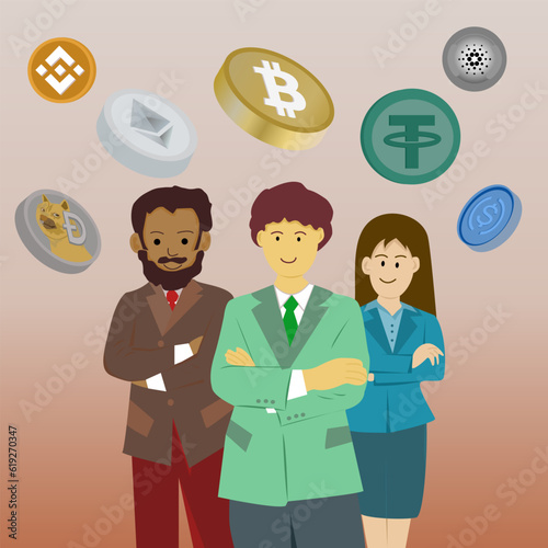 Three businessmen standing and a number of digital coins behind them.