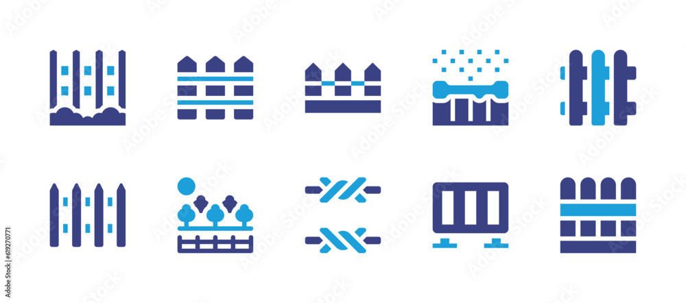 Fencing icon set. Duotone color. Vector illustration. Containing fence, garden, barbed wire.