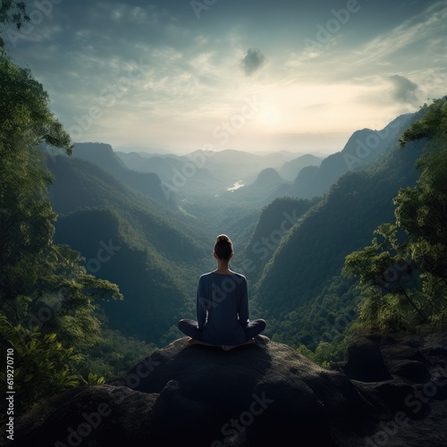 Fotografie, Obraz A person meditating on a serene mountaintop surrounded by lush greenery