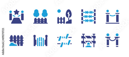 Fencing icon set. Duotone color. Vector illustration. Containing red carpet, backyard, garden, barbed wire, fence, gate, barrier, entrance.