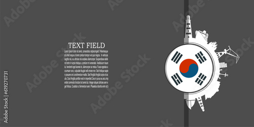 Circle with sea shipping and travel relative silhouettes. Objects located around the circle. Industrial design background. Flag of South Korea