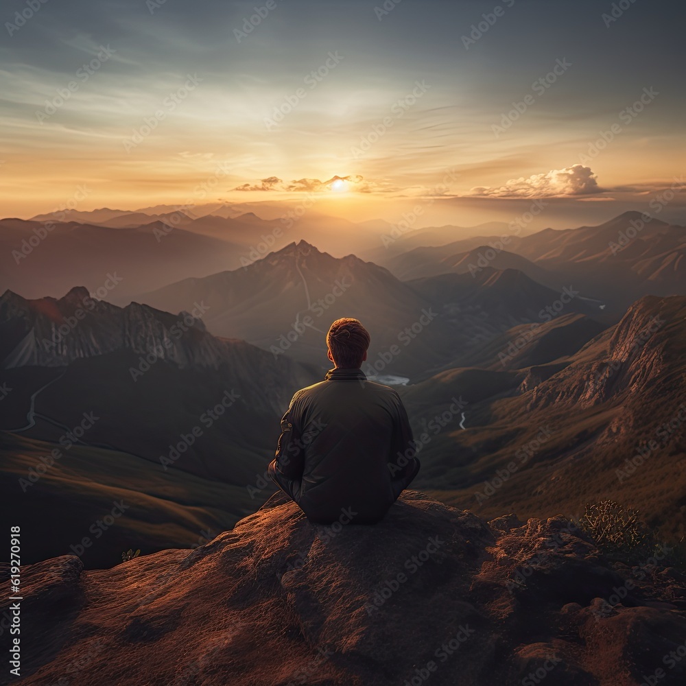 A person sitting on a mountaintop watching the sunrise and feeling a sense of inner peace generative AI