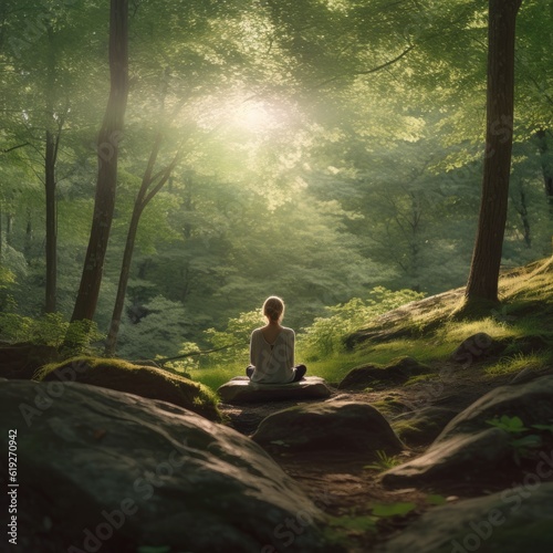 A person surrounded by nature engaging in forest bathing for relaxation and rejuvenation 