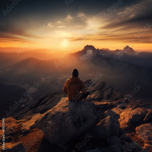 A person sitting on a mountaintop watching the sunrise and feeling a sense of inner peace 