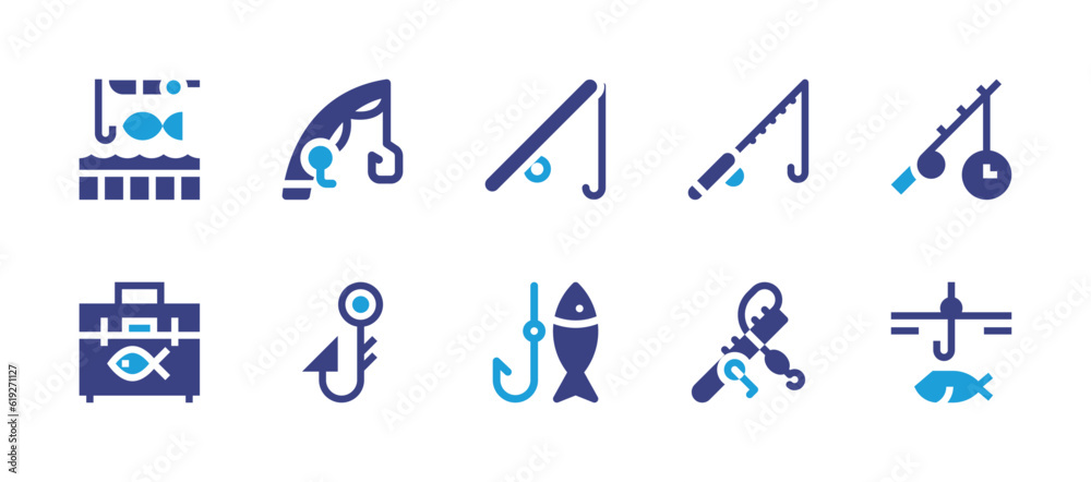 Fishing icon set. Duotone color. Vector illustration. Containing fishing, fishing rod, fishing baits, fishing hook.