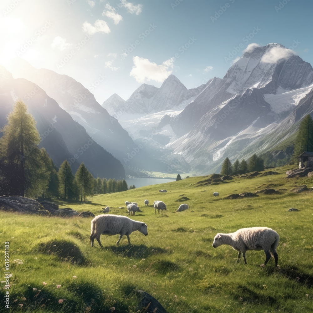 Fototapeta premium A remote alpine meadow with grazing sheep and a backdrop of snowcapped mountains 