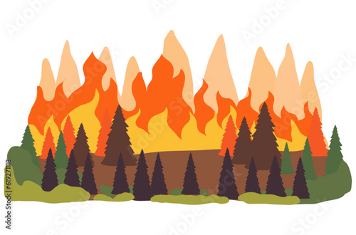 illustration of a forest fire, heavy fire and smoke, burning trees and other plants, fire 