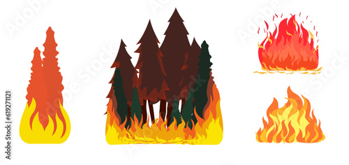 illustration of a forest fire, heavy fire and smoke, burning trees and other plants, fire 