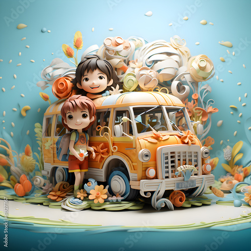 scene 3D clay. Cute boys and girls school children with mini school bus travel and excursions Study and seek knowledge and adventure in forests  mountains  rivers with fun as children. Generative Ai.