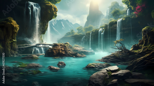 Mountain scene with waterfall and crystal blue clear lake. Background, wallpaper