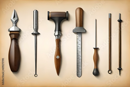 set of tools on wood background  , by generative  Ai