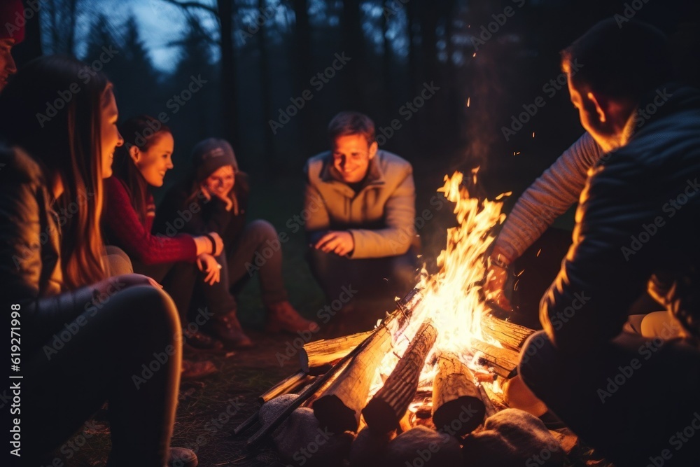 A group of friends having fun around a campfire at night. Generative AI illustration.