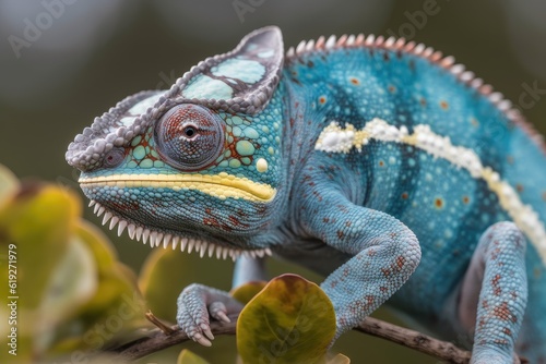 vibrant chameleon perched on a tree branch