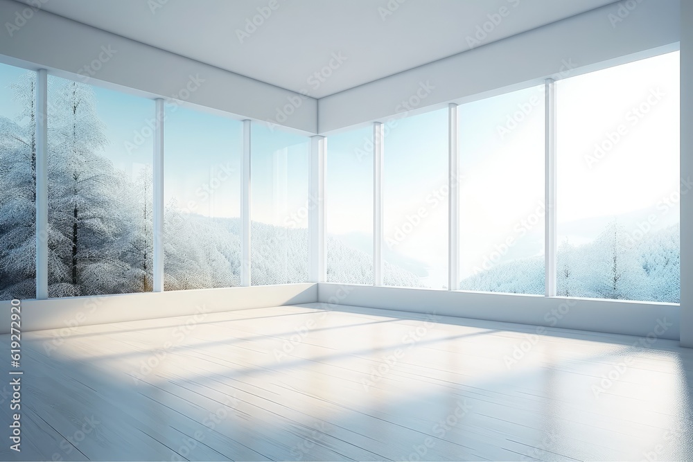 Fototapeta premium Illustration of an empty room with a panoramic view of a snow-covered forest