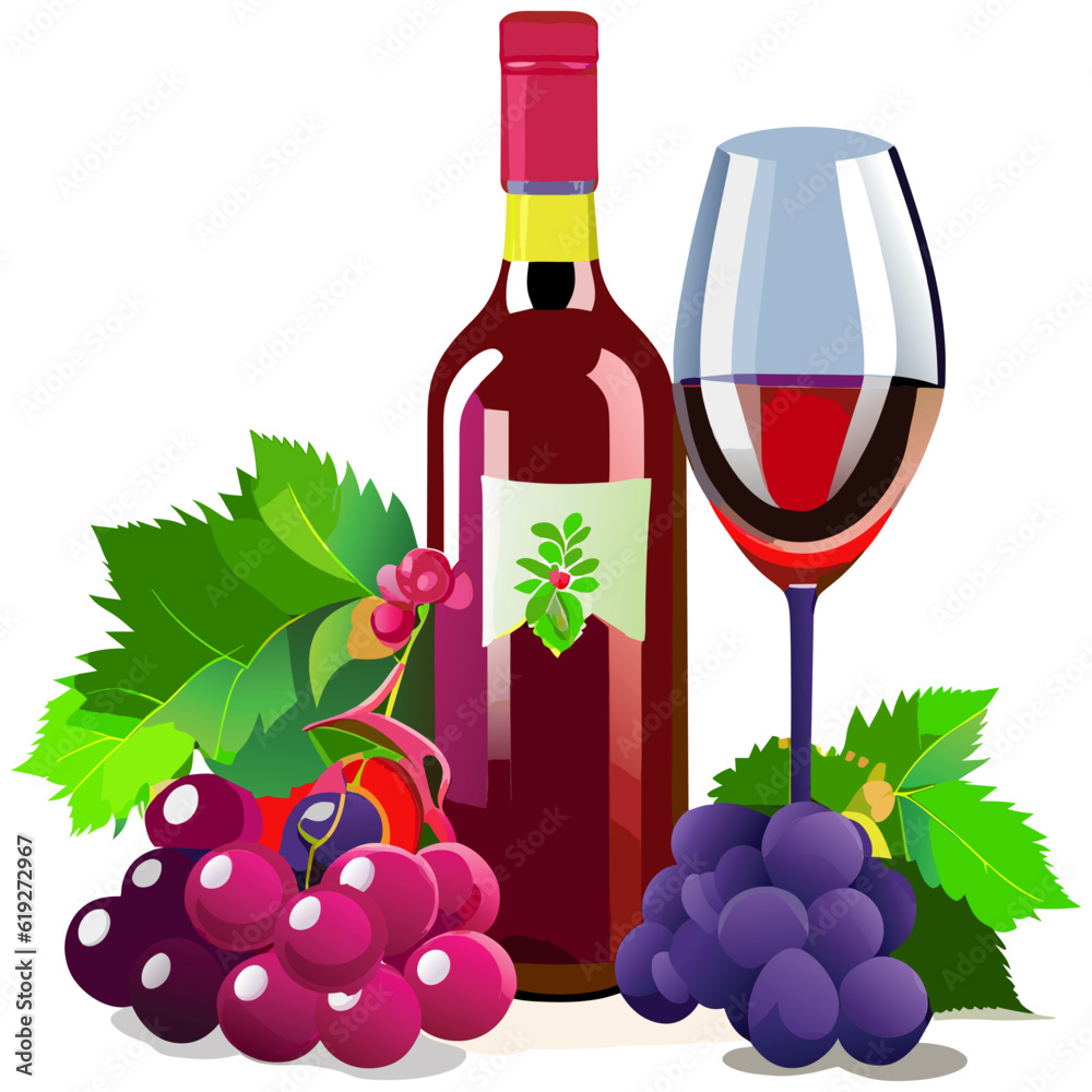 A bottle of wine and a wineglass with grapes