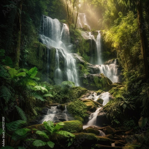 Breathtaking view of a cascading waterfall in a lush rainforest generative AI