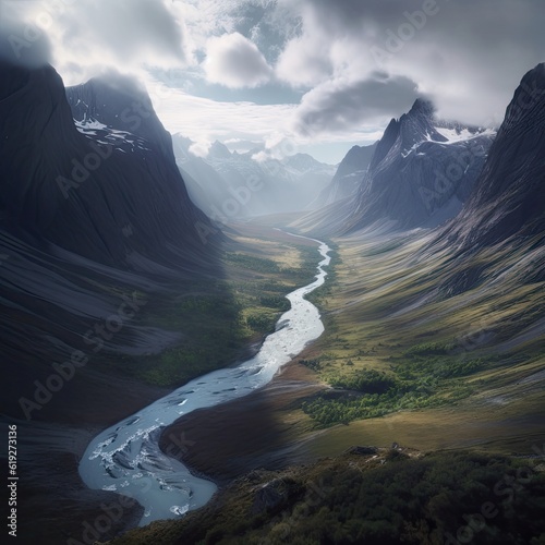 Breathtaking view of a glaciercarved valley with a winding river  photo