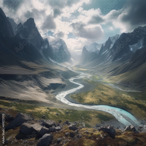 Breathtaking view of a glaciercarved valley with a winding river  photo