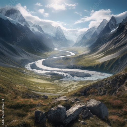 Breathtaking view of a glaciercarved valley with a winding river  photo