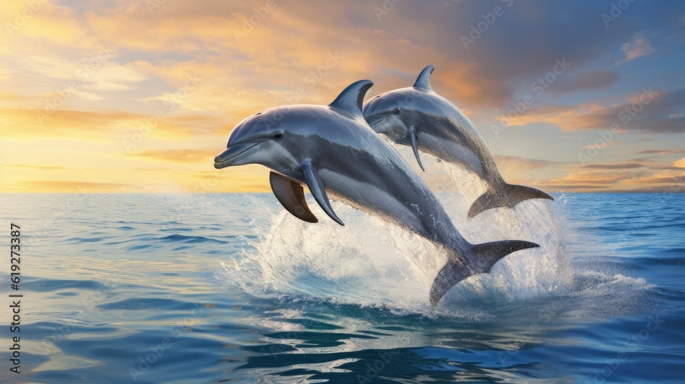 Fototapeta premium Dolphins leaping out a reef undersea