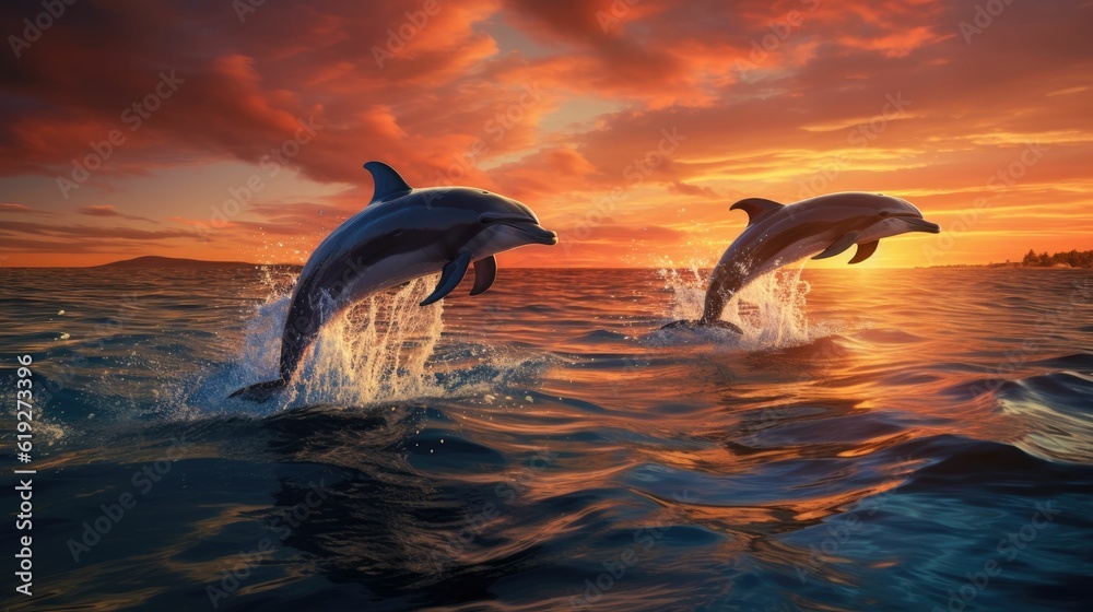 Fototapeta premium Dolphins leaping out a reef undersea