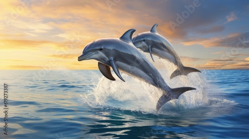 Dolphins leaping out  a reef undersea © Daunhijauxx