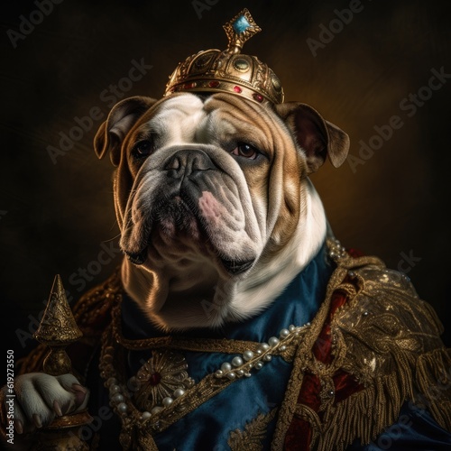 Bulldog dressed as a king complete with a royal scepter 