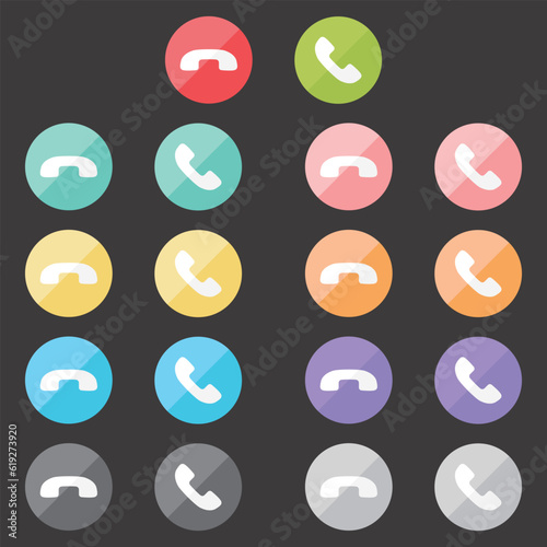Colorful accept and decline phone buttons vector illustration. Phone call icons. Incoming call buttons. Call screen icons. Cartoon illustration.