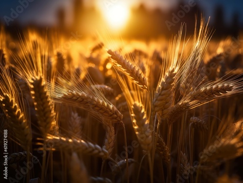a field of wheat during sunset or sunset close to harvesting time  generative ai