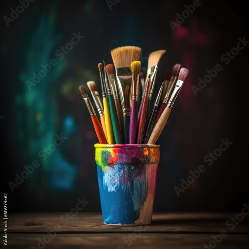 Colorful paintbrushes arranged in a cup symbolizing the tools of artistic expression generative AI