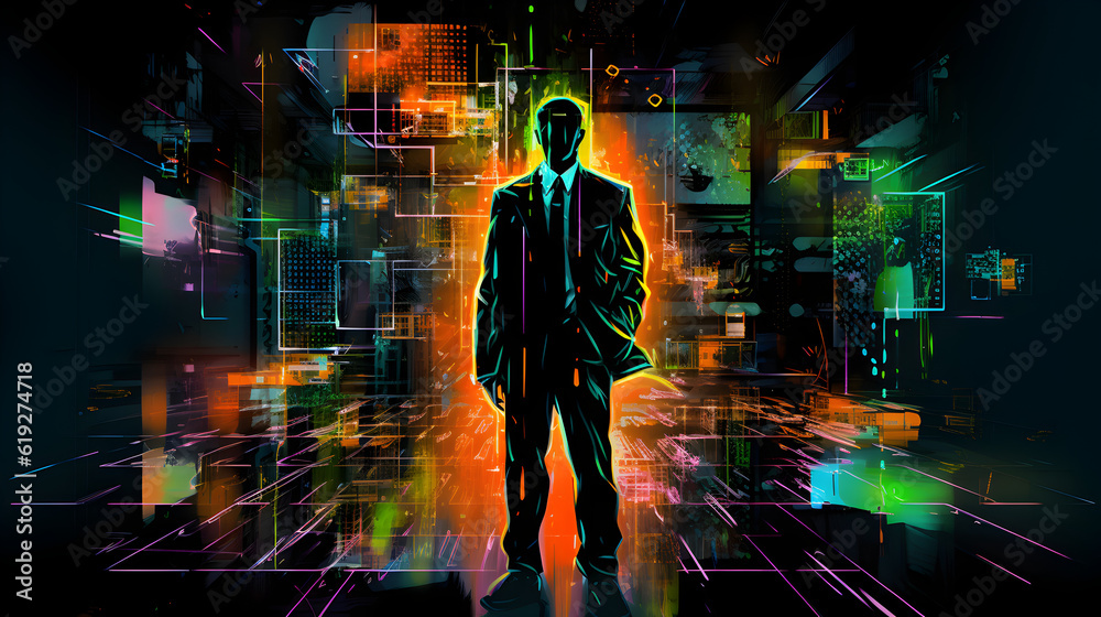 man in suit on dark screen, in the style of neon impressionism