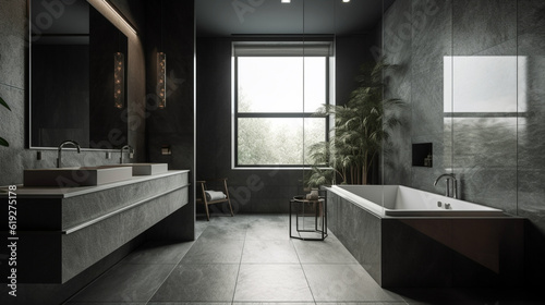 Interior of a modern bathroom with gray walls, large windows
